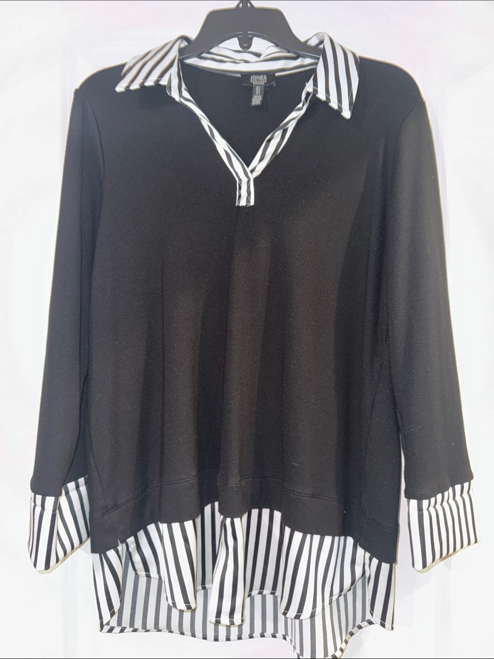 Jones New York Black Tunic with Black-and-White Striped Trim Sz L in EUC